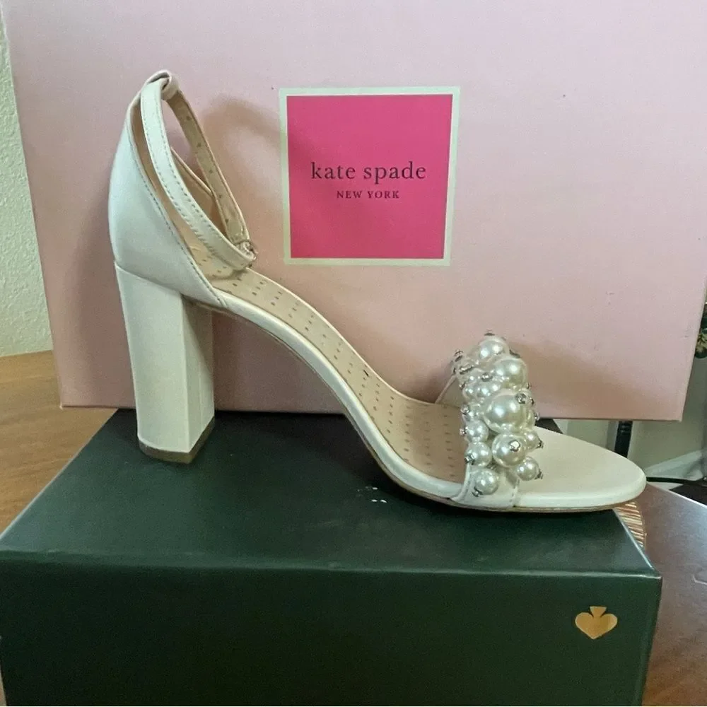 NIB Kate Spade Rosa Pearly Stud Ankle-strap Block Heels Ivory Parchment Size 6.5
